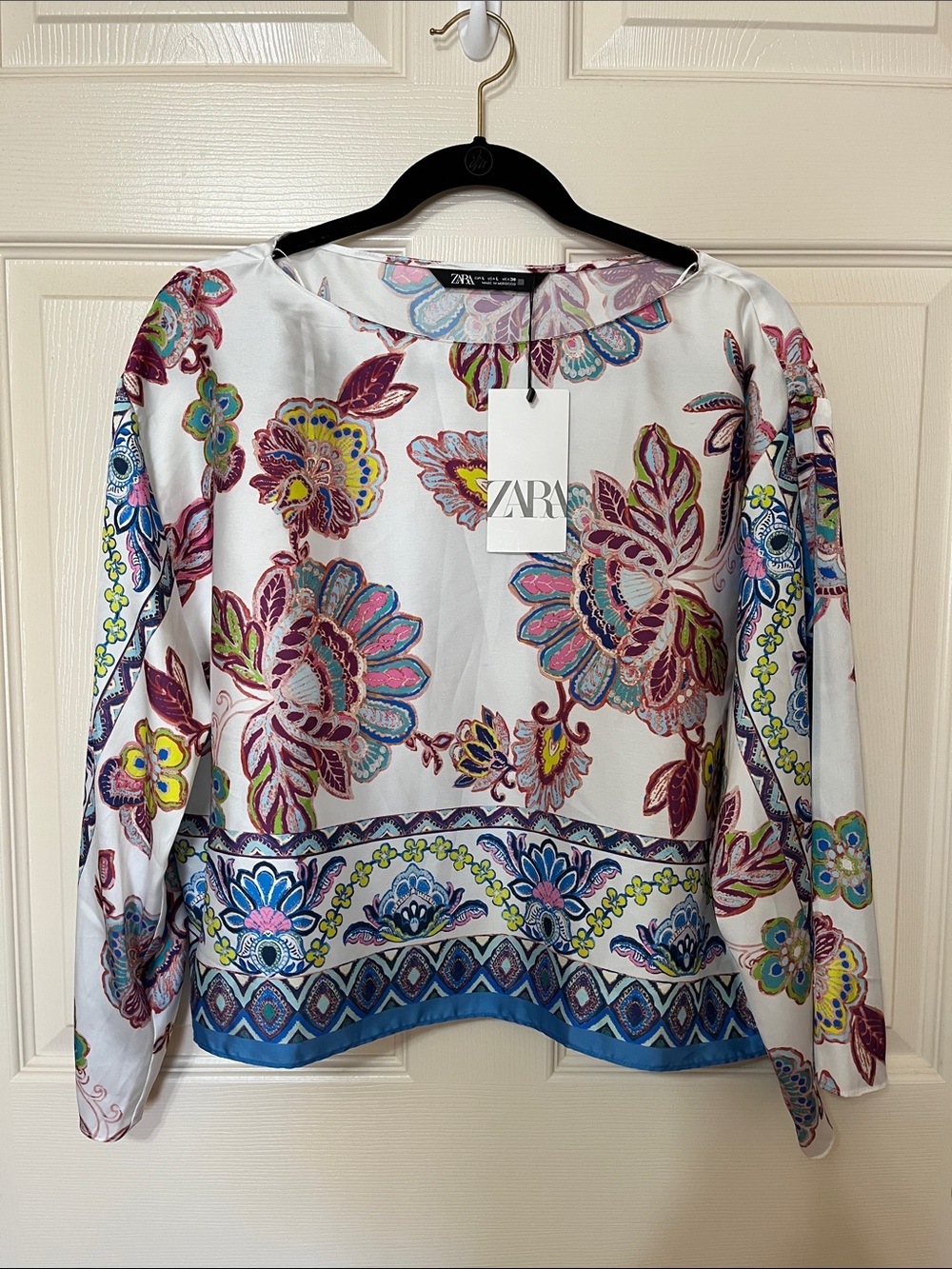 ZARA White Multicolor Floral Border Long-Sleeve Top